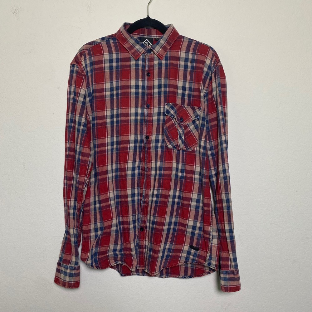 Absent Red Blue Long Sleeve Button Up Plaid Mens Large Grunge Normcore Urban Ind